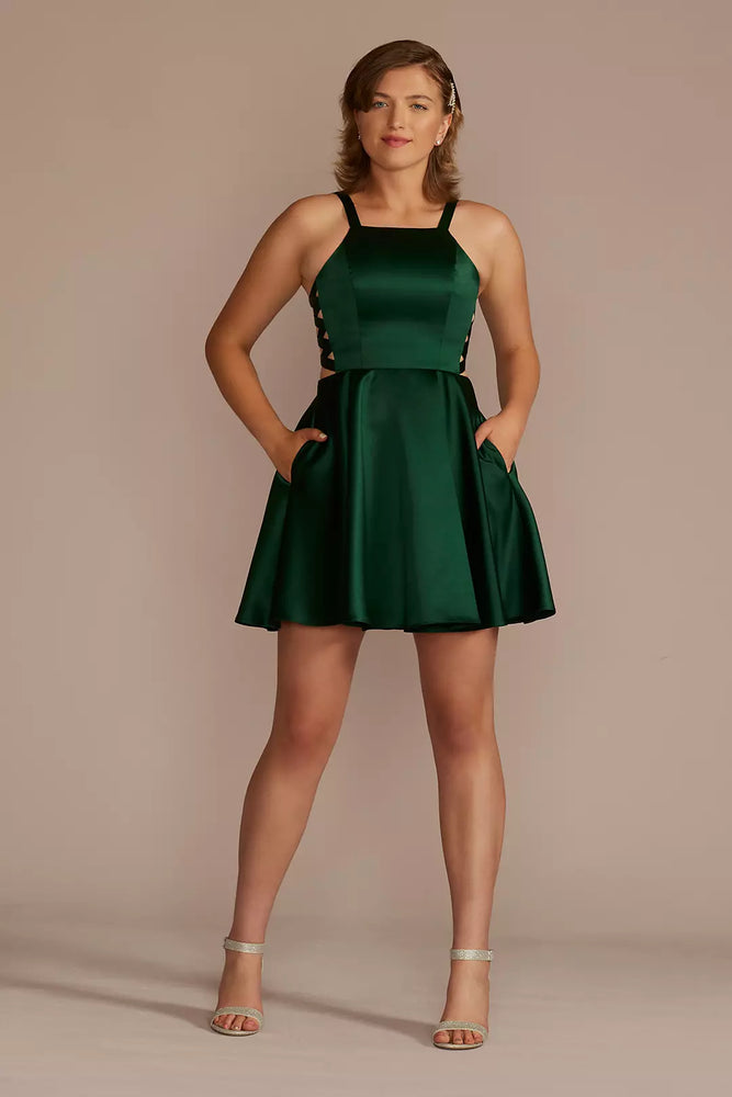 High Neck Short Satin A-Line Dress with Cutouts - Green