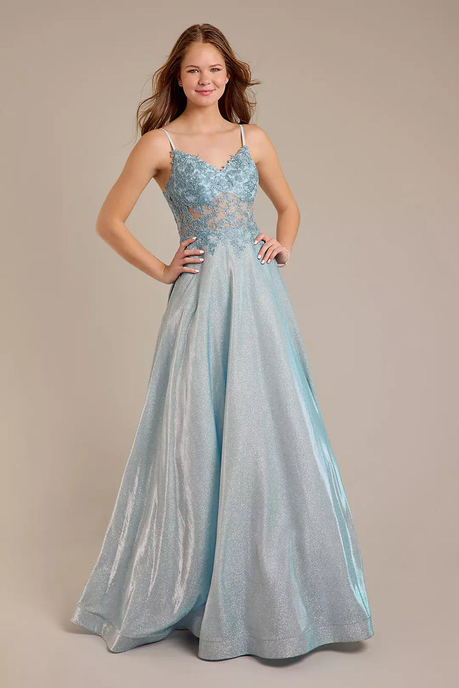 Iridescent Ball Gown with Illusion Lace Applique - Blue