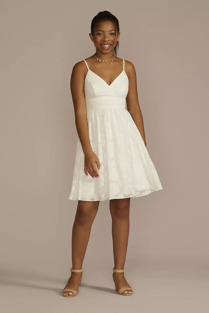 Short V-Neck Jacquard A-Line Dress - White