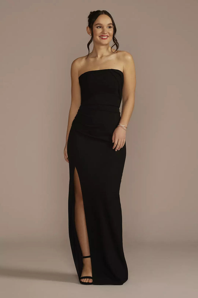 Strapless Draped Straight Neck Crepe Sheath Dress - Black