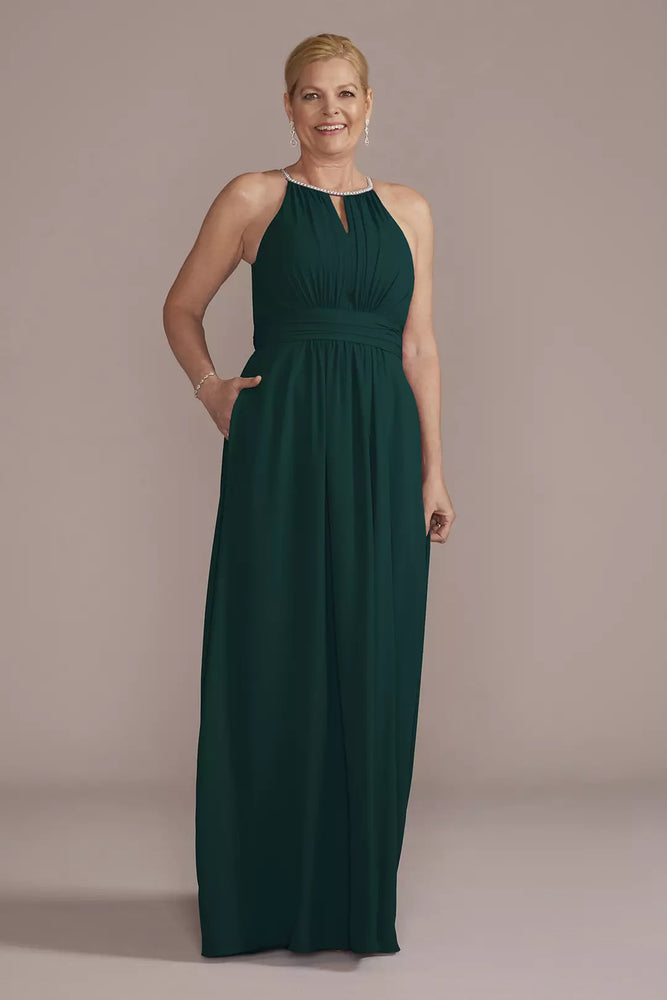 Georgette Gown with Keyhole and Jeweled Neckline - Green