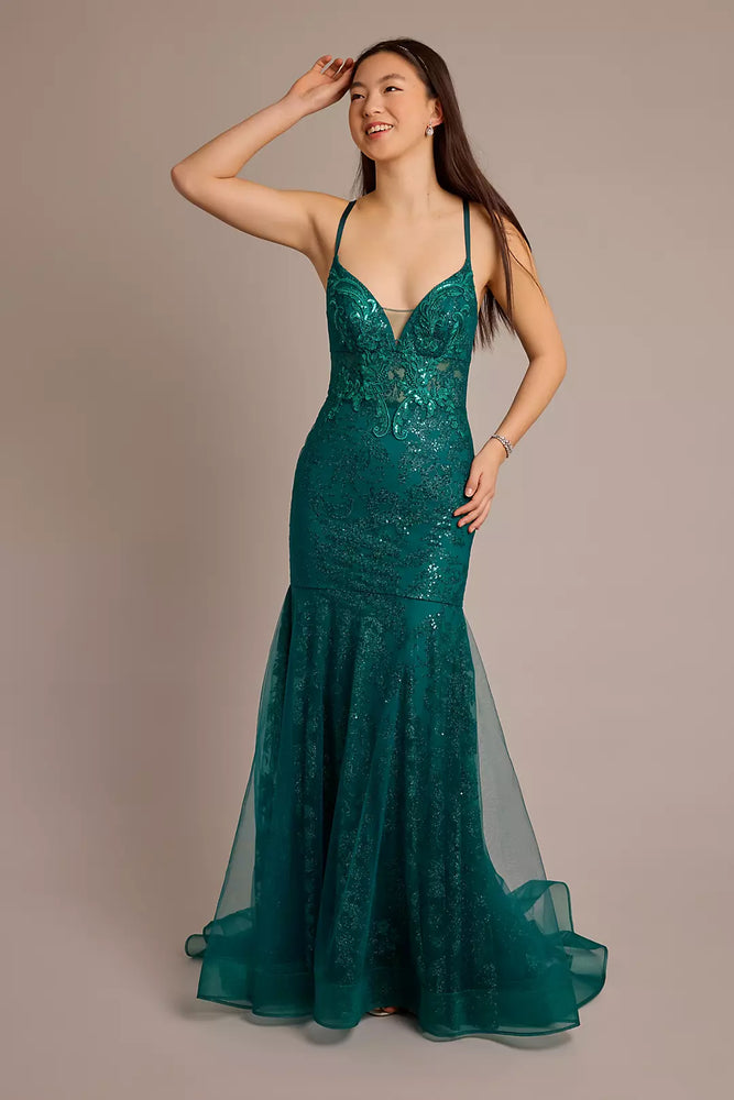 Patterned Glitter Mermaid Dress with Lace-Up Back - Green