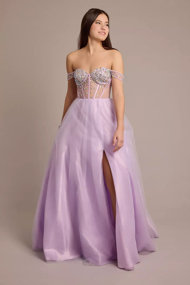 Off-the-Shoulder Illusion Encrusted Ball Gown - Purple