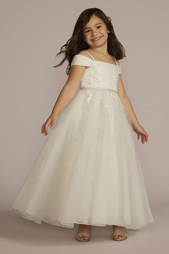 Sparkle Organza Flower Girl Dress with Applique - Ivory