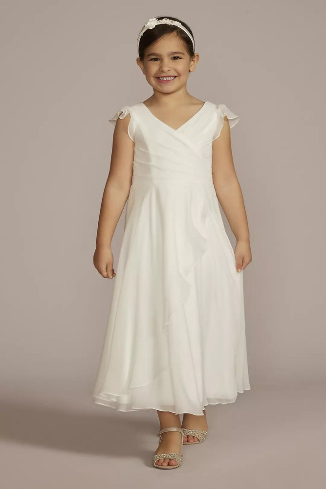 Faux-Wrap Flutter Sleeve Chiffon Flower Girl Dress - Ivory