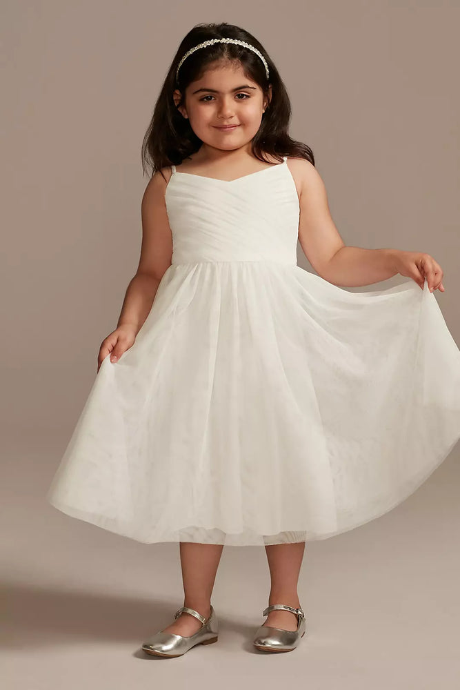 Pleated Mesh Spaghetti Strap Flower Girl Dress - Ivory