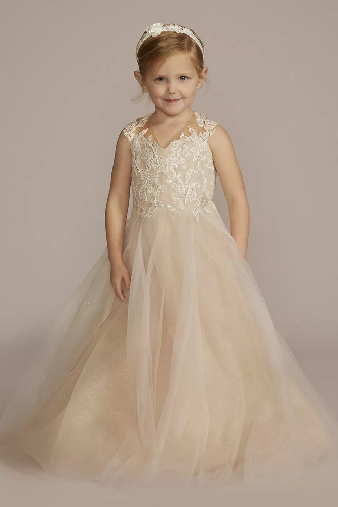 Embellished Glitter Tulle Flower Girl Dress - Beige,Ivory,Pink