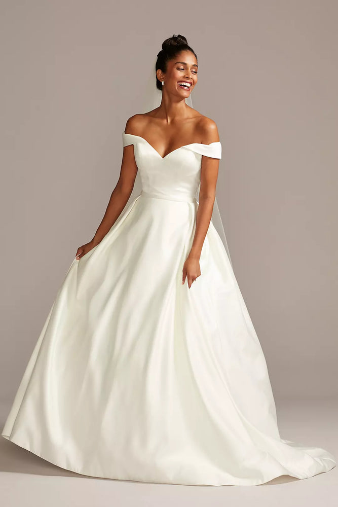 Off Shoulder Satin Gown Wedding Dress - White