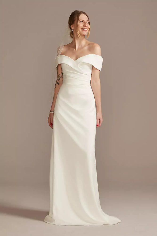 Crepe Off-the-Shoulder Sheath Wedding Dress - Ivory