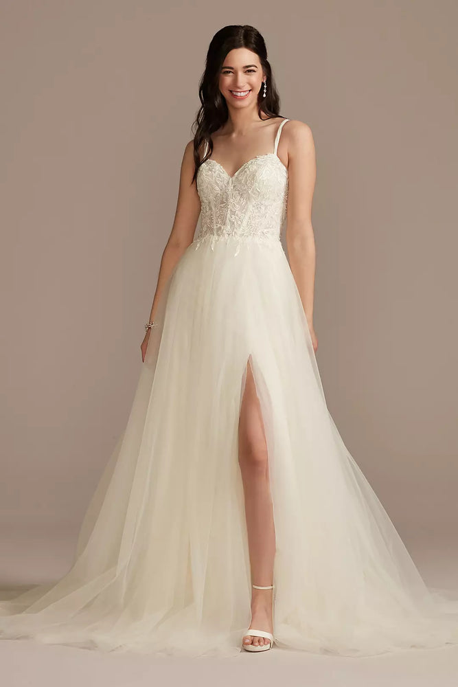 Sheer Boned Bodice Spaghetti Strap Wedding Dress - Ivory