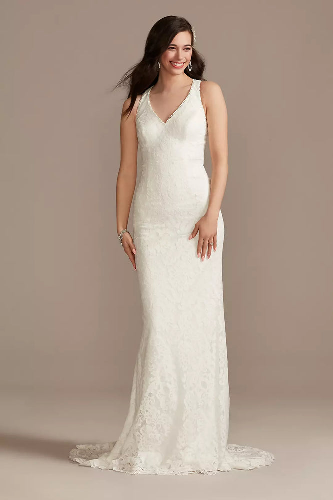 Scalloped Stretch Lace Halter Plus Wedding Dress - Ivory