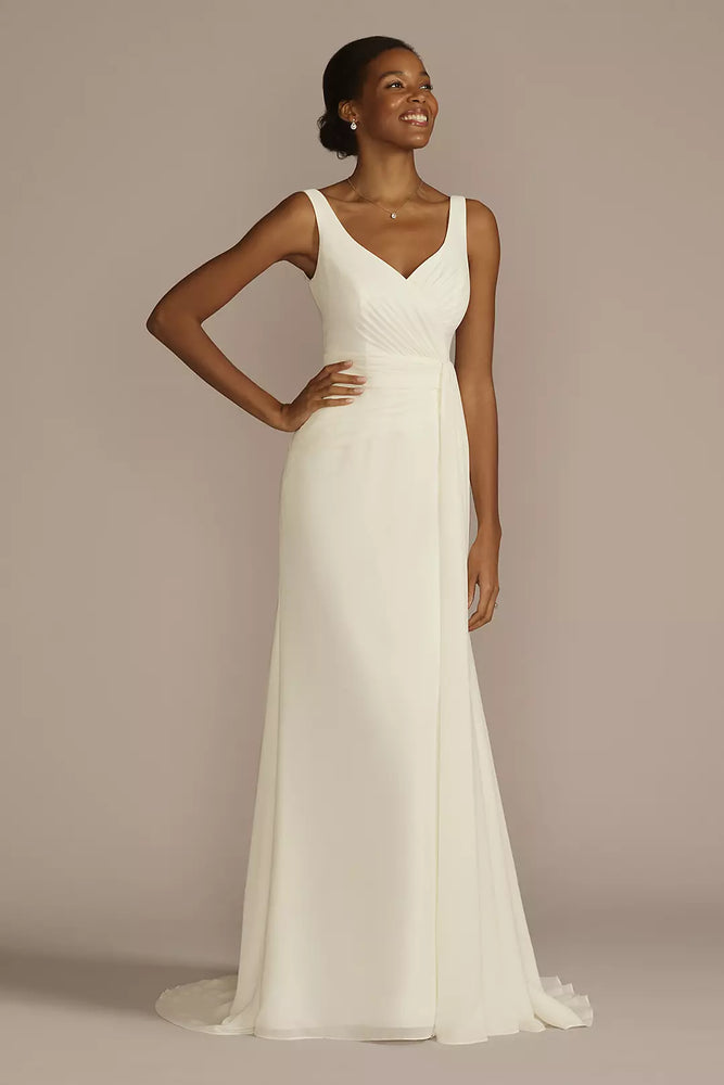 Pleated Chiffon V-Neck Tank A-Line Wedding Dress - Ivory