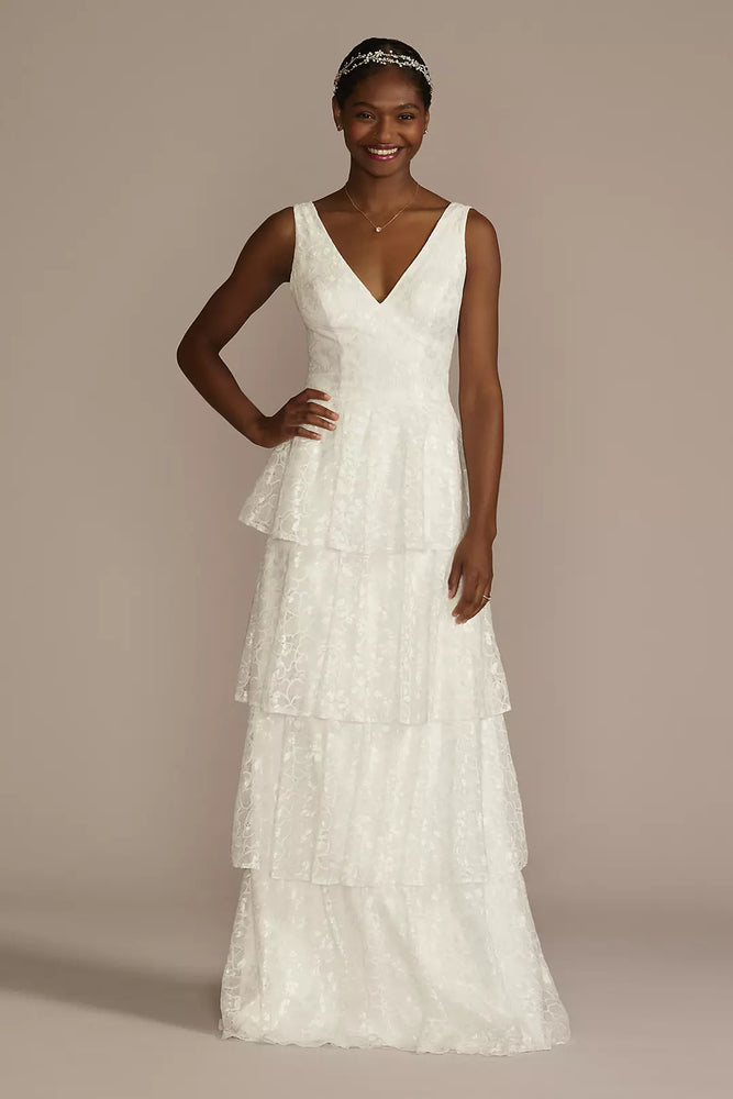 V-Neck Tiered Lace Tank Wedding Dress - Ivory