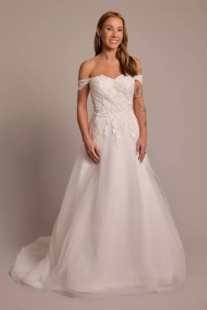 Off-the-Shoulder Appliqued A-Line Wedding Dress - Ivory