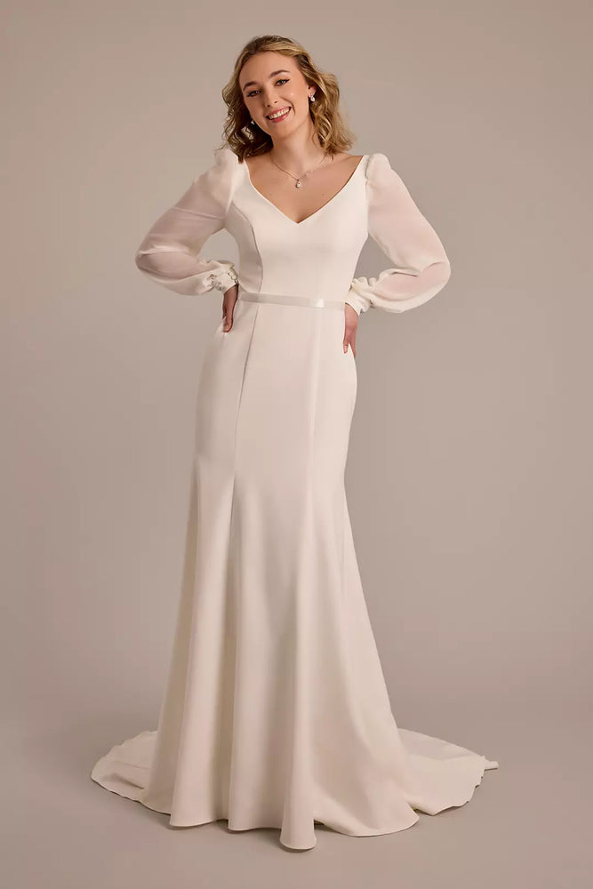 Long Sleeve V-Neck Crepe Mermaid Wedding Dress - Ivory