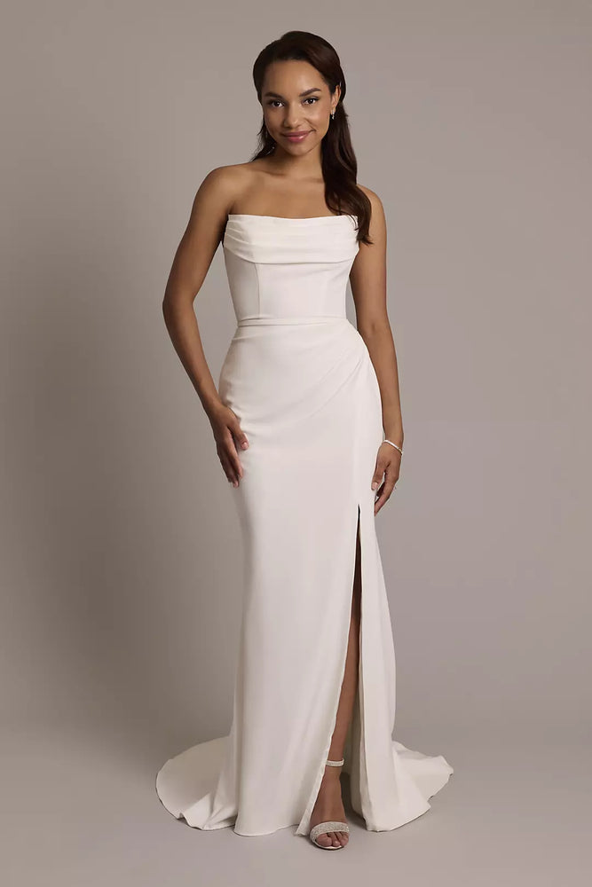 Stretch Crepe Sculpted Cowl Sheath Wedding Dress - Ivory