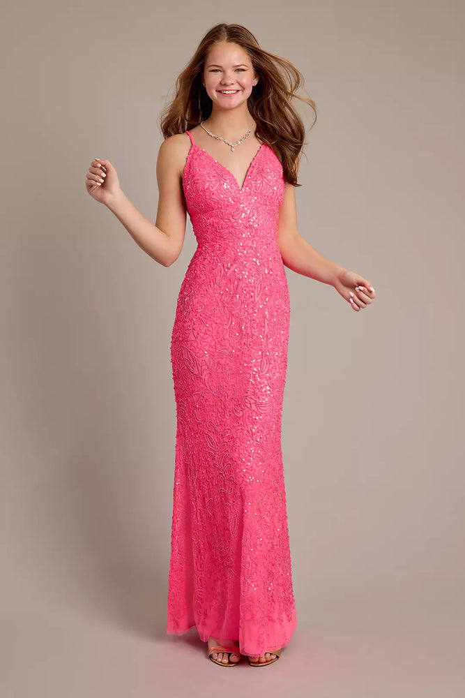 Beaded Plunge Sheath Dress - Pink