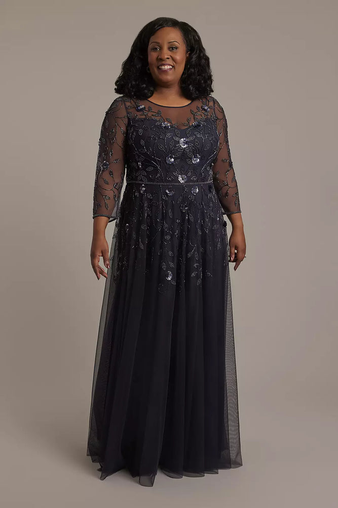 Illusion Long-Sleeve Beaded A-Line Dress - Blue