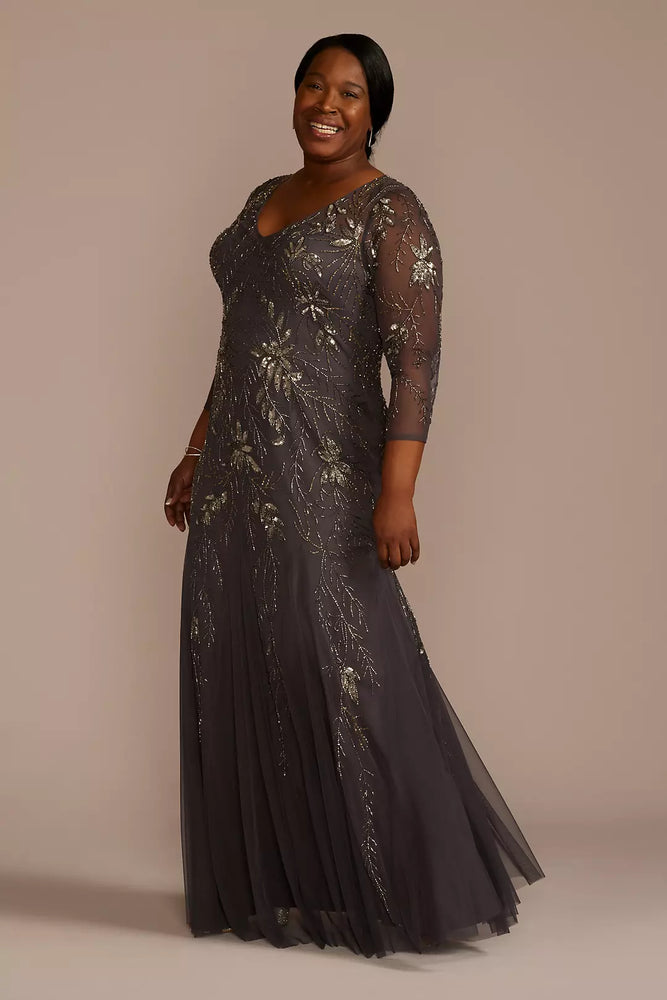 Three-Quarter Sleeve Beaded Gown with Godets - Grey