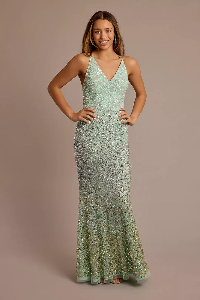 Ombre Beaded V-Neck Sheath Dress - Green