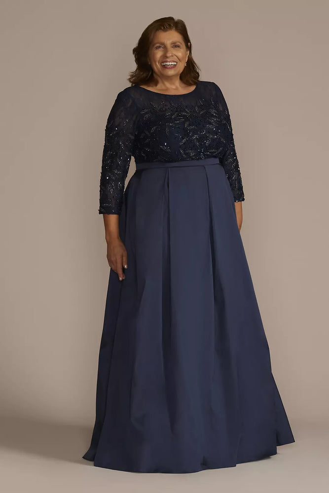 Plus Size Three Quarter Sleeve Beaded Ball Gown - Blue