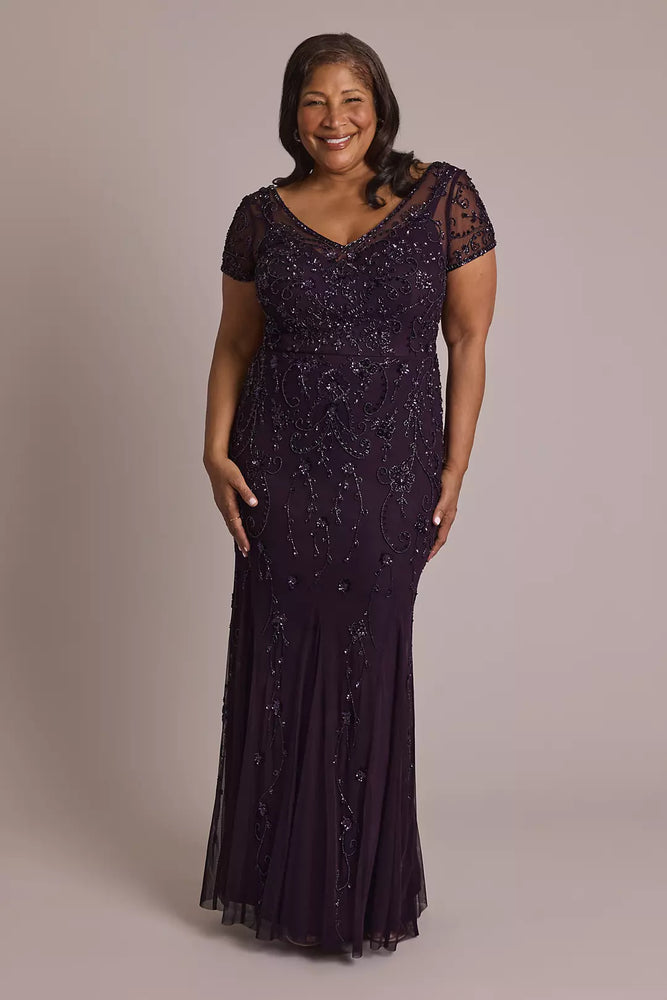 Short Sleeve Beaded Sheath Dress with Godets - Purple